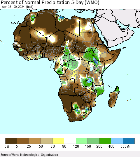 Africa Percent of Normal Precipitation 5-Day (WMO) Thematic Map For 4/16/2024 - 4/20/2024