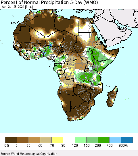 Africa Percent of Normal Precipitation 5-Day (WMO) Thematic Map For 4/21/2024 - 4/25/2024