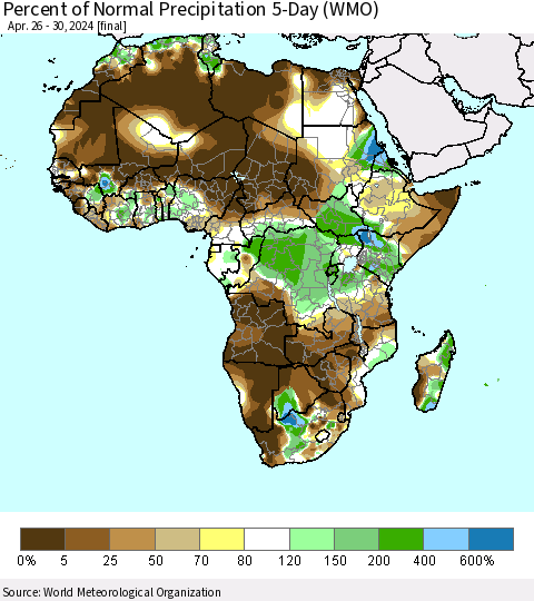 Africa Percent of Normal Precipitation 5-Day (WMO) Thematic Map For 4/26/2024 - 4/30/2024