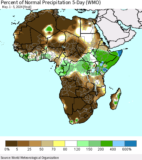 Africa Percent of Normal Precipitation 5-Day (WMO) Thematic Map For 5/1/2024 - 5/5/2024