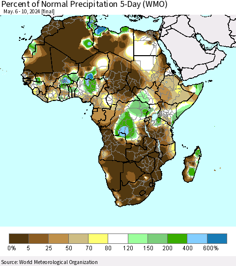 Africa Percent of Normal Precipitation 5-Day (WMO) Thematic Map For 5/6/2024 - 5/10/2024