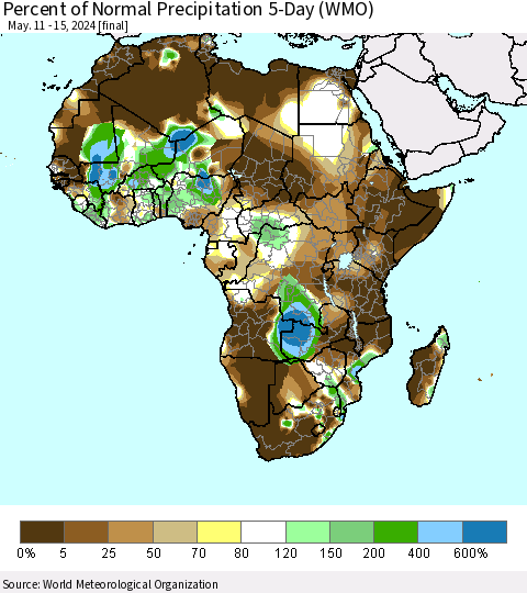 Africa Percent of Normal Precipitation 5-Day (WMO) Thematic Map For 5/11/2024 - 5/15/2024