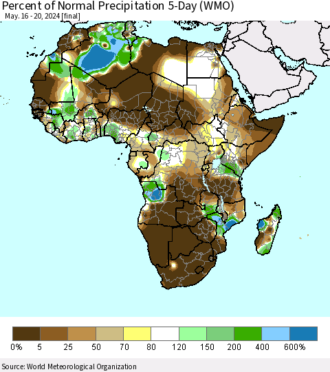 Africa Percent of Normal Precipitation 5-Day (WMO) Thematic Map For 5/16/2024 - 5/20/2024