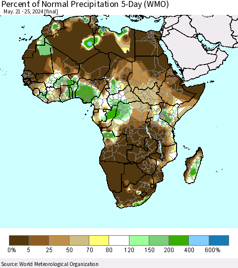 Africa Percent of Normal Precipitation 5-Day (WMO) Thematic Map For 5/21/2024 - 5/25/2024
