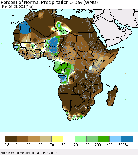 Africa Percent of Normal Precipitation 5-Day (WMO) Thematic Map For 5/26/2024 - 5/31/2024