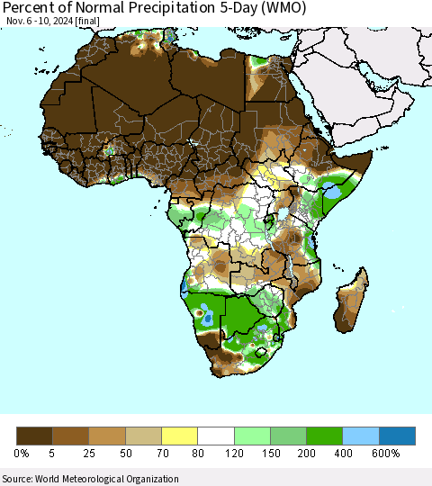 Africa Percent of Normal Precipitation 5-Day (WMO) Thematic Map For 11/6/2024 - 11/10/2024