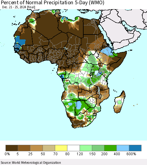 Africa Percent of Normal Precipitation 5-Day (WMO) Thematic Map For 12/21/2024 - 12/25/2024