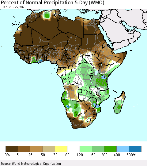 Africa Percent of Normal Precipitation 5-Day (WMO) Thematic Map For 1/21/2025 - 1/25/2025