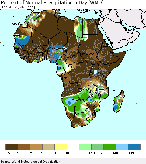Africa Percent of Normal Precipitation 5-Day (WMO) Thematic Map For 2/26/2025 - 2/28/2025