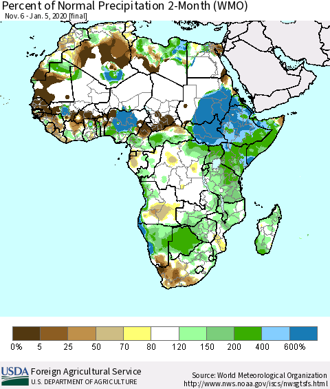 Africa Percent of Normal Precipitation 2-Month (WMO) Thematic Map For 11/6/2019 - 1/5/2020