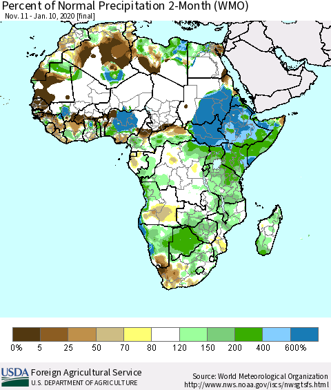 Africa Percent of Normal Precipitation 2-Month (WMO) Thematic Map For 11/11/2019 - 1/10/2020