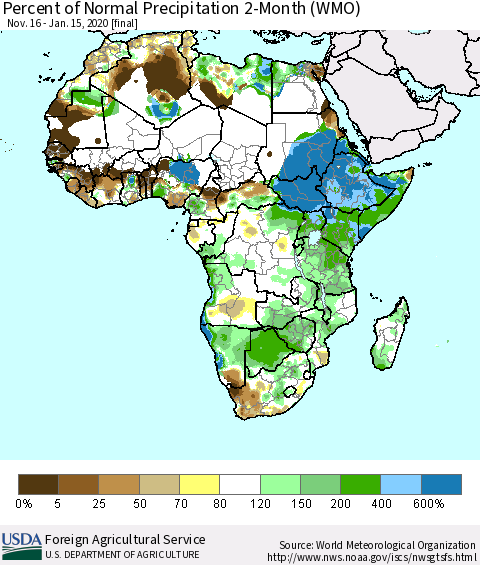 Africa Percent of Normal Precipitation 2-Month (WMO) Thematic Map For 11/16/2019 - 1/15/2020