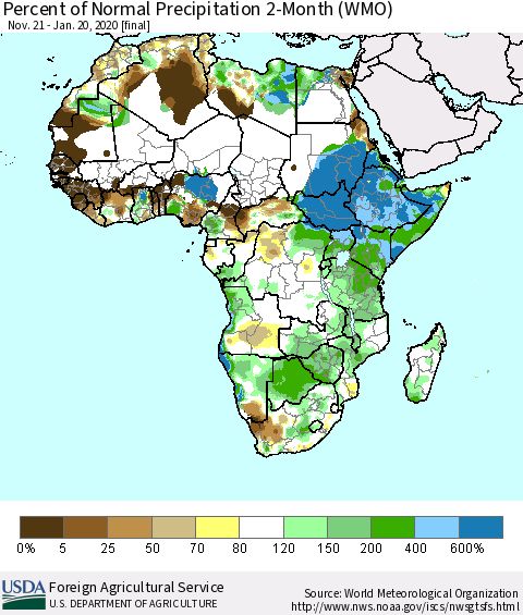 Africa Percent of Normal Precipitation 2-Month (WMO) Thematic Map For 11/21/2019 - 1/20/2020