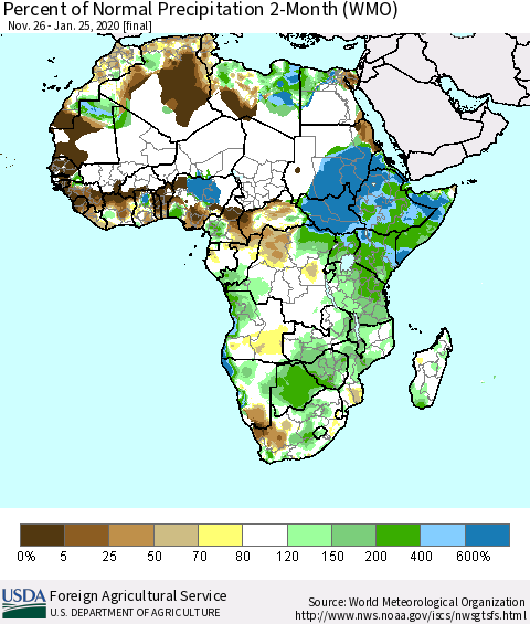 Africa Percent of Normal Precipitation 2-Month (WMO) Thematic Map For 11/26/2019 - 1/25/2020