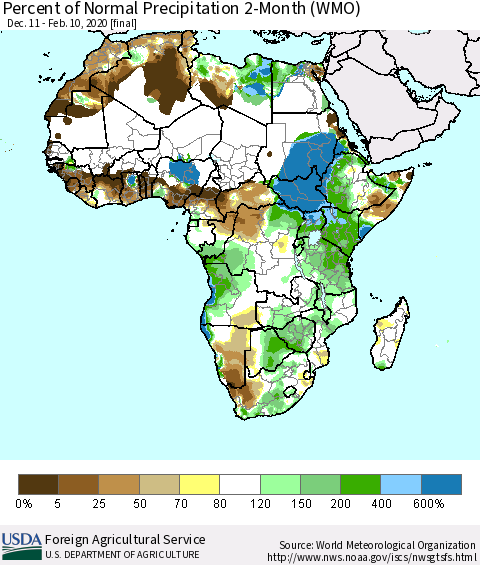 Africa Percent of Normal Precipitation 2-Month (WMO) Thematic Map For 12/11/2019 - 2/10/2020
