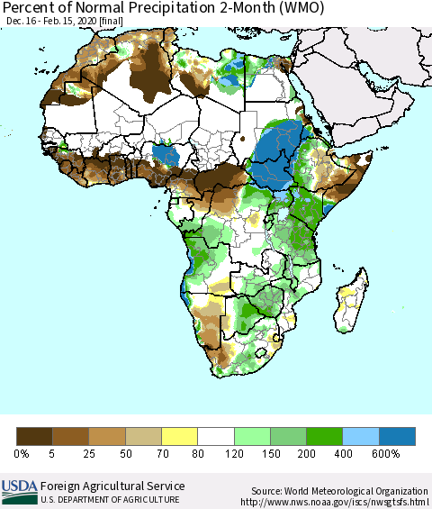 Africa Percent of Normal Precipitation 2-Month (WMO) Thematic Map For 12/16/2019 - 2/15/2020