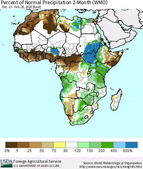 Africa Percent of Normal Precipitation 2-Month (WMO) Thematic Map For 12/21/2019 - 2/20/2020