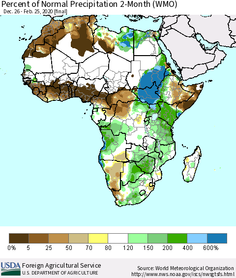 Africa Percent of Normal Precipitation 2-Month (WMO) Thematic Map For 12/26/2019 - 2/25/2020