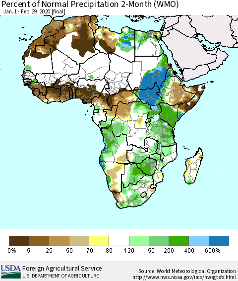 Africa Percent of Normal Precipitation 2-Month (WMO) Thematic Map For 1/1/2020 - 2/29/2020