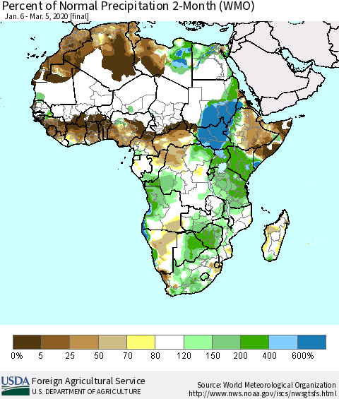 Africa Percent of Normal Precipitation 2-Month (WMO) Thematic Map For 1/6/2020 - 3/5/2020
