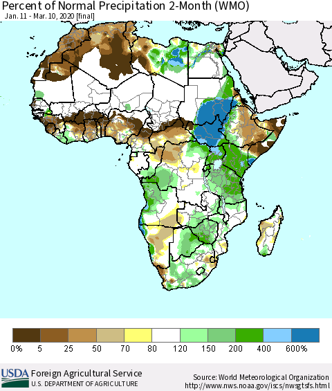 Africa Percent of Normal Precipitation 2-Month (WMO) Thematic Map For 1/11/2020 - 3/10/2020