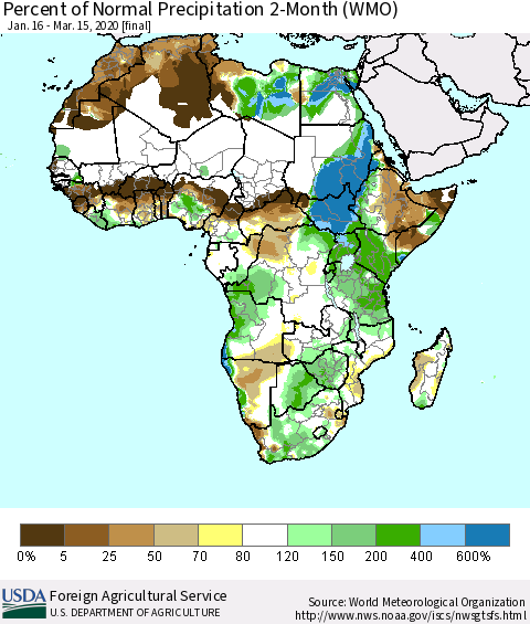 Africa Percent of Normal Precipitation 2-Month (WMO) Thematic Map For 1/16/2020 - 3/15/2020