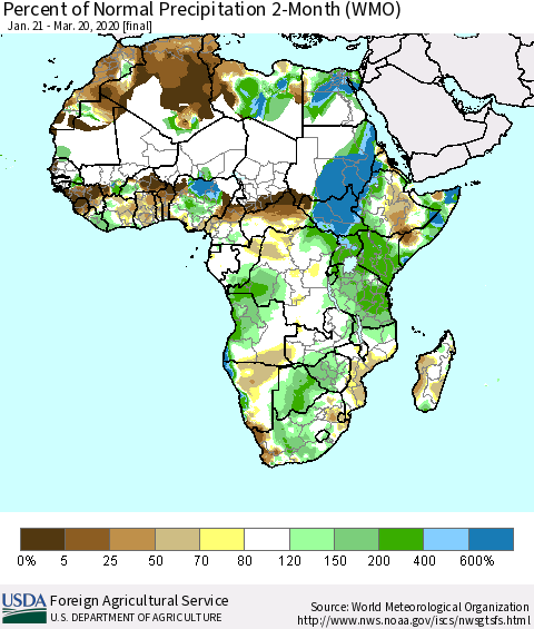 Africa Percent of Normal Precipitation 2-Month (WMO) Thematic Map For 1/21/2020 - 3/20/2020