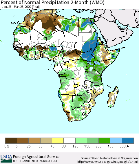 Africa Percent of Normal Precipitation 2-Month (WMO) Thematic Map For 1/26/2020 - 3/25/2020