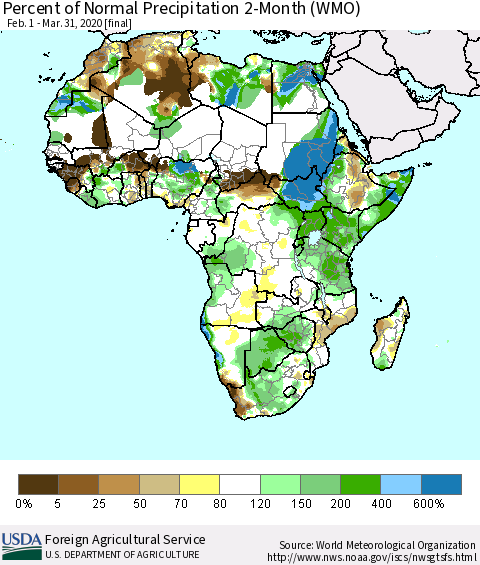 Africa Percent of Normal Precipitation 2-Month (WMO) Thematic Map For 2/1/2020 - 3/31/2020