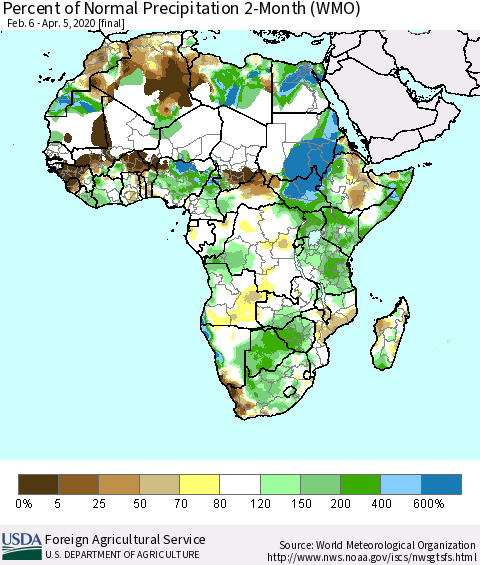 Africa Percent of Normal Precipitation 2-Month (WMO) Thematic Map For 2/6/2020 - 4/5/2020