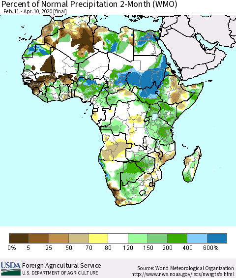 Africa Percent of Normal Precipitation 2-Month (WMO) Thematic Map For 2/11/2020 - 4/10/2020