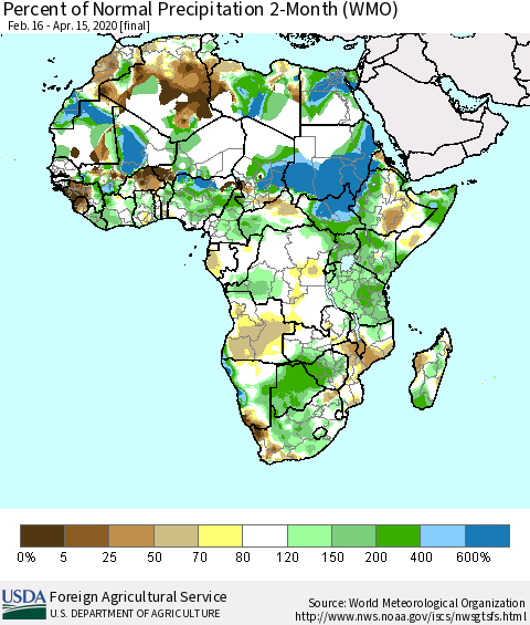 Africa Percent of Normal Precipitation 2-Month (WMO) Thematic Map For 2/16/2020 - 4/15/2020