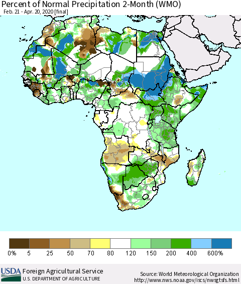 Africa Percent of Normal Precipitation 2-Month (WMO) Thematic Map For 2/21/2020 - 4/20/2020