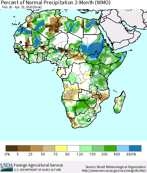 Africa Percent of Normal Precipitation 2-Month (WMO) Thematic Map For 2/26/2020 - 4/25/2020
