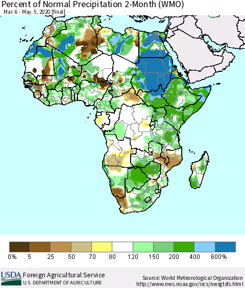 Africa Percent of Normal Precipitation 2-Month (WMO) Thematic Map For 3/6/2020 - 5/5/2020