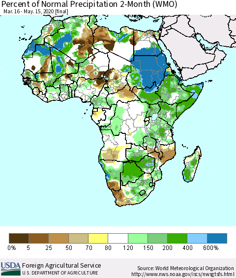 Africa Percent of Normal Precipitation 2-Month (WMO) Thematic Map For 3/16/2020 - 5/15/2020