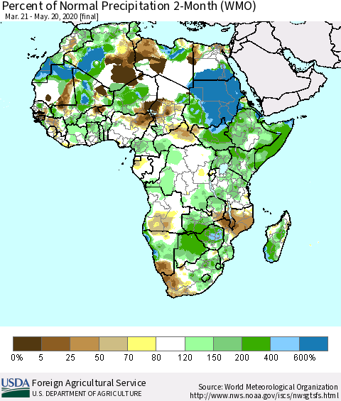 Africa Percent of Normal Precipitation 2-Month (WMO) Thematic Map For 3/21/2020 - 5/20/2020
