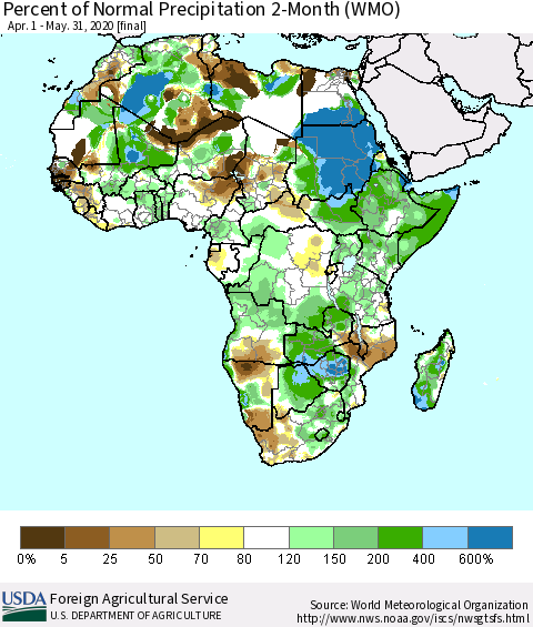 Africa Percent of Normal Precipitation 2-Month (WMO) Thematic Map For 4/1/2020 - 5/31/2020