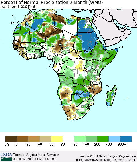 Africa Percent of Normal Precipitation 2-Month (WMO) Thematic Map For 4/6/2020 - 6/5/2020