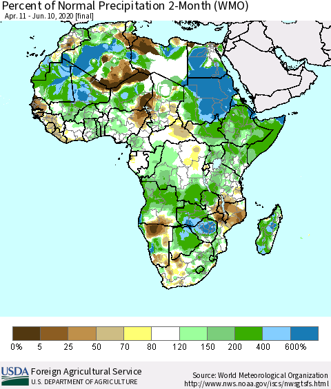 Africa Percent of Normal Precipitation 2-Month (WMO) Thematic Map For 4/11/2020 - 6/10/2020