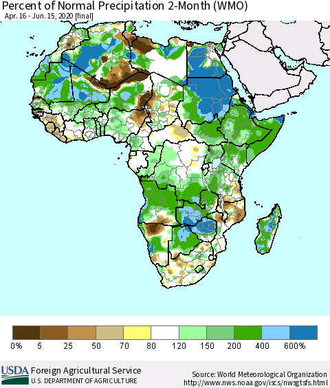 Africa Percent of Normal Precipitation 2-Month (WMO) Thematic Map For 4/16/2020 - 6/15/2020