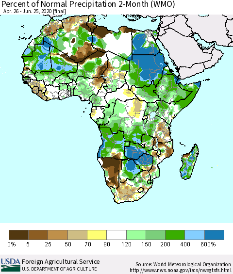 Africa Percent of Normal Precipitation 2-Month (WMO) Thematic Map For 4/26/2020 - 6/25/2020