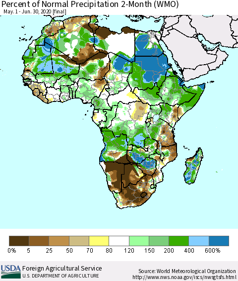 Africa Percent of Normal Precipitation 2-Month (WMO) Thematic Map For 5/1/2020 - 6/30/2020