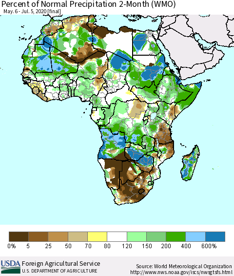 Africa Percent of Normal Precipitation 2-Month (WMO) Thematic Map For 5/6/2020 - 7/5/2020