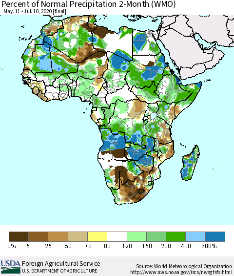Africa Percent of Normal Precipitation 2-Month (WMO) Thematic Map For 5/11/2020 - 7/10/2020