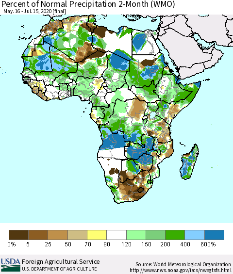 Africa Percent of Normal Precipitation 2-Month (WMO) Thematic Map For 5/16/2020 - 7/15/2020