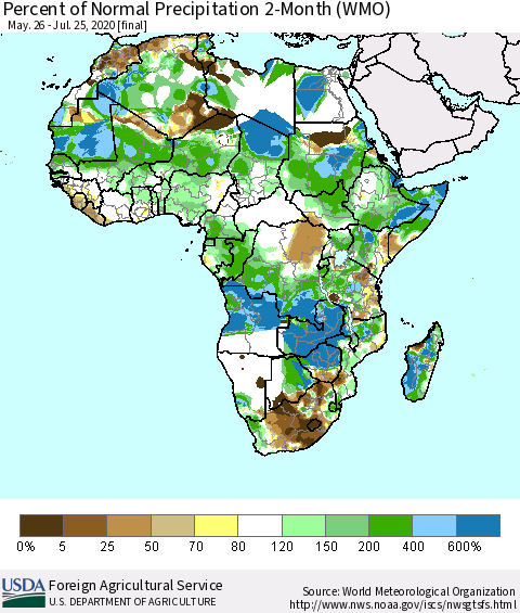 Africa Percent of Normal Precipitation 2-Month (WMO) Thematic Map For 5/26/2020 - 7/25/2020