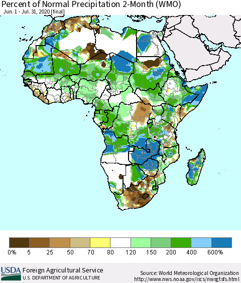 Africa Percent of Normal Precipitation 2-Month (WMO) Thematic Map For 6/1/2020 - 7/31/2020