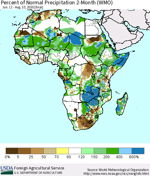 Africa Percent of Normal Precipitation 2-Month (WMO) Thematic Map For 6/11/2020 - 8/10/2020