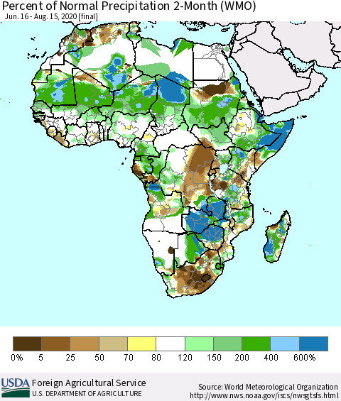 Africa Percent of Normal Precipitation 2-Month (WMO) Thematic Map For 6/16/2020 - 8/15/2020